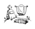 Cute ghost in a shroud rising from the grave with tombstone, halloween character Royalty Free Stock Photo