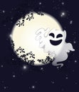 A cute ghost smiles and waves his hand against the background of a round moon