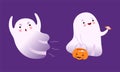 Cute Ghost with Smiling Face Carrying Pumpkin with Sweets and Flying Vector Set