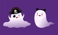 Cute Ghost with Smiling Face in Pirate Hat and Eye Patch Vector Set