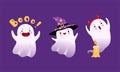 Cute Ghost with Smiling Face Wearing Witch Hat and Making Boo Vector Set