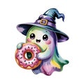 A cute ghost, wearing a whimsical witch hat, holds a sprinkled donut with an expression of delight Royalty Free Stock Photo