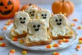 Cute Ghostly Halloween Treats on Plate with Pumpkins and Candy Corn Decoration for Festive Season