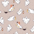 Cute ghosts in cloth. Halloween scary ghostly monsters. Cartoon spooky characters. Seamless pattern Royalty Free Stock Photo