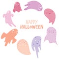 Cute ghosts in pinks with Happy Halloween typography