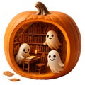 Cute Ghosts Reading in Pumpkin Library Scene Royalty Free Stock Photo