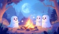 Cute Ghosts Roasting Marshmallows Around a Campfire Under a Full Moon Royalty Free Stock Photo