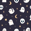 Cute Ghosts and Skulls Pattern with Moon Stars Royalty Free Stock Photo