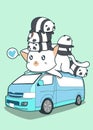 Cute giant cat and pandas on blue van