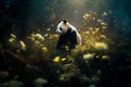 Cute giant panda in a bamboo forest under a shower of flower petals at sunrise. Amazing wildlife. generative AI