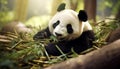 Cute giant panda eating bamboo in the tranquil forest generated by AI Royalty Free Stock Photo
