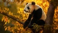 Cute giant panda eating bamboo in tranquil green forest generated by AI Royalty Free Stock Photo