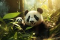 A cute giant panda mother and its cute cub are in the bamboo forest. Royalty Free Stock Photo