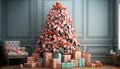 Cute gift box decorates modern living room with Christmas cheer generated by AI Royalty Free Stock Photo