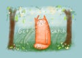 Cute ginger cat catch leaves, Spring card.