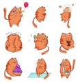 Cute Ginger Cat Character with Striped Tail Doing Yoga and Drinking Coffee Vector Set