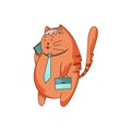 Cute Ginger Cat Character with Striped Tail Walking in Tie with Briefcase Speaking by Phone Vector Illustration Royalty Free Stock Photo