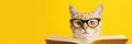 Cute ginger cat in eyeglasses reading book on yellow background