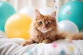 Cute ginger cat lying on bed with colorful balloons and confetti, Cute ginger cat with colorful balloons on bed. Fluffy pet, AI