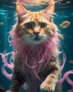 Cute ginger cat with pink hair in the aquarium. 3d rendering