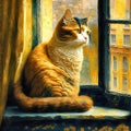 Cute ginger cat is sitting on the windowsill