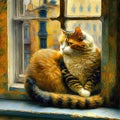 Cute ginger cat is sitting on the windowsill