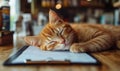 Cute ginger cat sleeping on clipboard in cozy cafe setting with blurred background Royalty Free Stock Photo