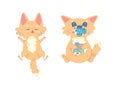 Cute ginger cat sleeping and eating , kawaii comical , vector