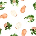 Cute ginger cat and succulent plants in lagom style seamless pattern. Scandinavian hygge style. Cozy lagom texture background tile