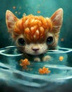 Cute Ginger Cat In Water, Abstract Background