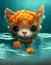 Cute Ginger Cat In Water, Abstract Background