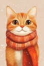 Cute ginger cat wearing a scarf in falling snow Royalty Free Stock Photo