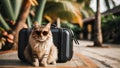 Cute ginger cat wearing sunglasses and sitting on travel suitcase and waiting for a trip. Pet Travel concept. Royalty Free Stock Photo