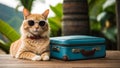 Cute ginger cat wearing sunglasses and sitting on travel suitcase and waiting for a trip. Pet Travel concept. Royalty Free Stock Photo