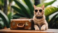 Cute ginger cat wearing sunglasses and sitting on travel suitcase and waiting for a trip. Pet Travel concept. Royalty Free Stock Photo