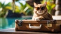 Cute ginger cat wearing sunglasses and sitting on travel suitcase and waiting for a trip. Pet Travel concept. Royalty Free Stock Photo