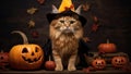 Ginger tom cat wearing a yellow witch hat and a Halloween costume. Scary looking jack-o-lantern spooky face carved pumpkins. Royalty Free Stock Photo