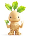 Cute ginger character with green leaves and a friendly gesture