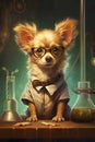 ai cute ginger dog with glasses in uniform scientist researcher in scientific chemical laboratory Funny education and study Royalty Free Stock Photo