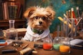 ginger fluffy dog with glasses in uniform scientist researcher in scientific chemical laboratory Funny education and study Royalty Free Stock Photo