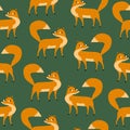 Cute ginger fox with sly eyes on a green background. Funny character hand drawn vector illustration. Seamless pattern Royalty Free Stock Photo