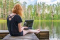 Cute ginger girl sitting on wooden planked footway and working with laptop in summer day against beautiful landscape of northern Royalty Free Stock Photo