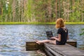 Cute ginger girl sitting on wooden planked footway and working with laptop in summer day against beautiful landscape of northern Royalty Free Stock Photo