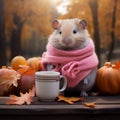 A cute ginger hamster in a pink scarf sits on a bench in a fall park with a cup of tea.