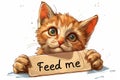 Cute ginger hungry kitty with big eyes holding a sign that says "Feed me". Concept of pet care, animal feeding, funny Royalty Free Stock Photo