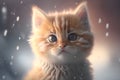 Cute ginger kitten with big eyes looking at camera on snowy background. Royalty Free Stock Photo