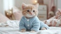 Cute ginger kitten in blue pajamas resting on bed Royalty Free Stock Photo