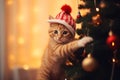 Cute ginger kitten climbing and playing on Christmas tree ornament, Christmas and cat concept background. Generative AI Royalty Free Stock Photo