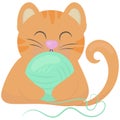 Cute ginger kitten hugs a green ball of thread with closed eyes, vector illustration in flat style