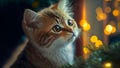 cute ginger kitten looking at Christmas tree, neural network generated art Royalty Free Stock Photo